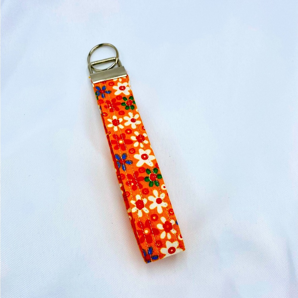 Key Fob Wristlet Keychain In Orange With Flowers Print